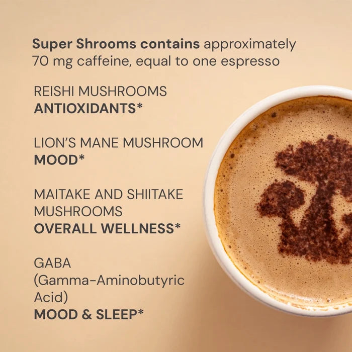 Cup of coffee with mushroom powder on top and text about Super Shrooms ingredients on a beige background