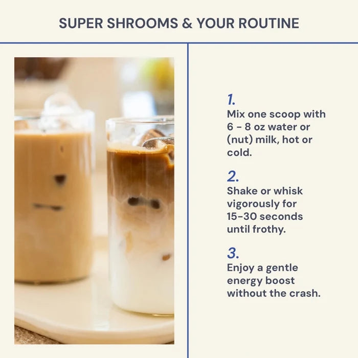 Two glasses of a frothy beverage with text on how to mix it.
