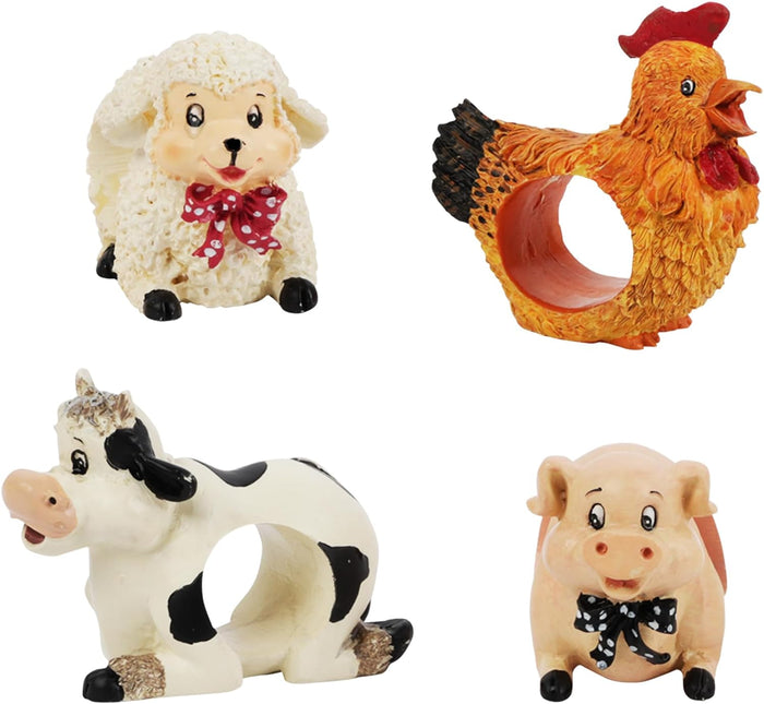 Table Decor - Farmhouse Napkin Rings - Set of Four Resin Animals