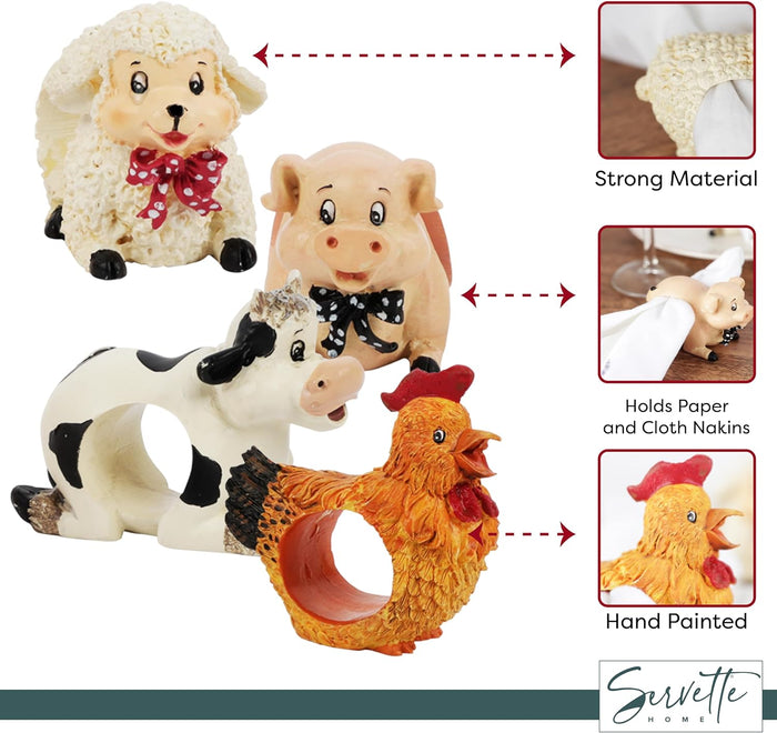 Table Decor - Farmhouse Napkin Rings - Set of Four Resin Animals