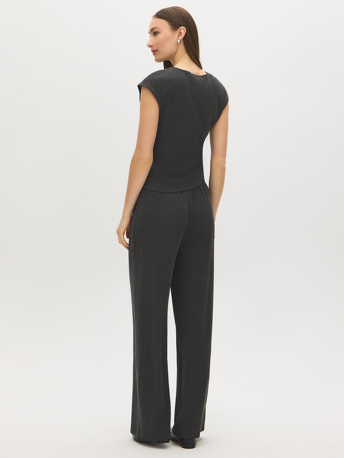 Charcoal Textured Asymmetrical Dolman Sleeve Top - Back View - Suzy Shier