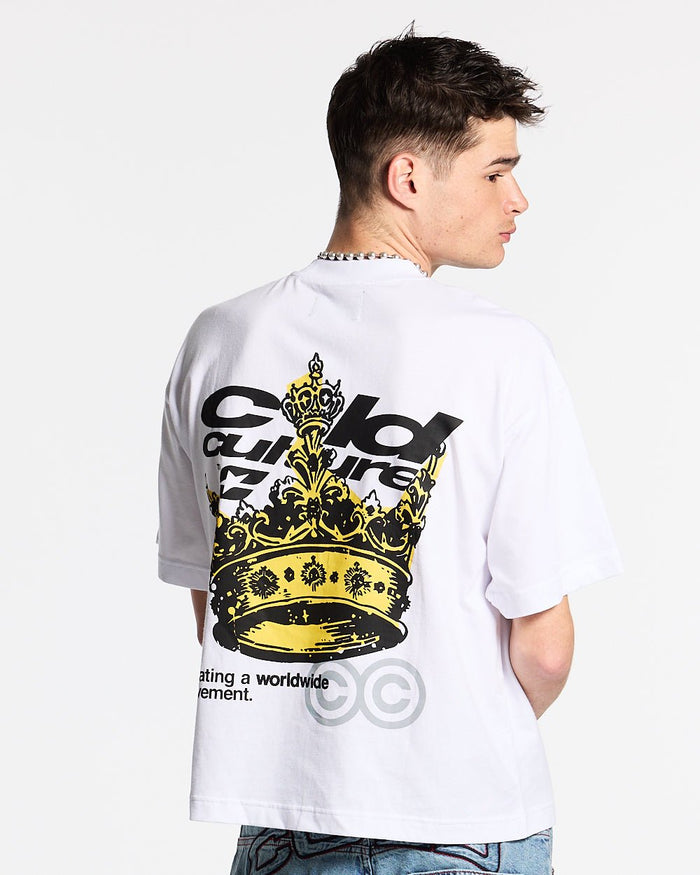 THE CROWN TEE WHITE - white graphic print tee, back view on male model - Cold Culture #man