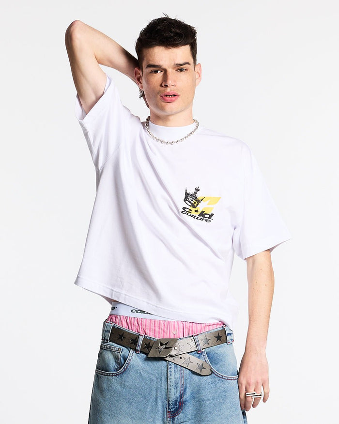 THE CROWN TEE WHITE - white graphic print tee, front view on male model - Cold Culture #man