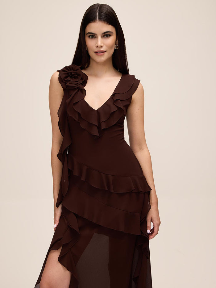 Coco Powder V-Neck Chiffon Gown with Tiered Ruffles - Woman Wearing Elegant Evening Dress - Le Chateau