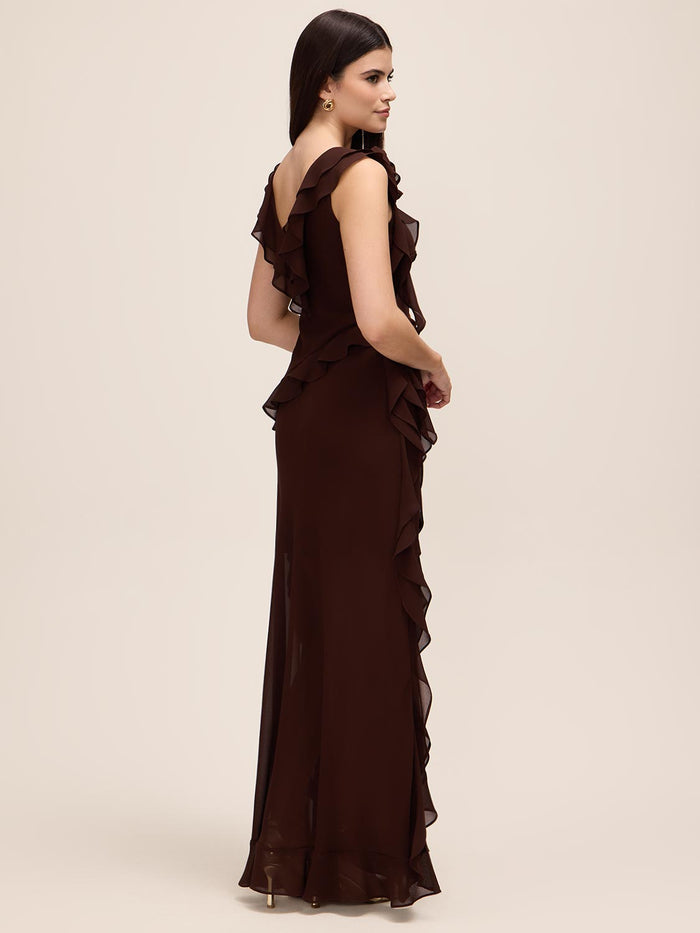 Coco Powder V-Neck Chiffon Gown with Tiered Ruffles - Woman Wearing Elegant Evening Dress - Le Chateau