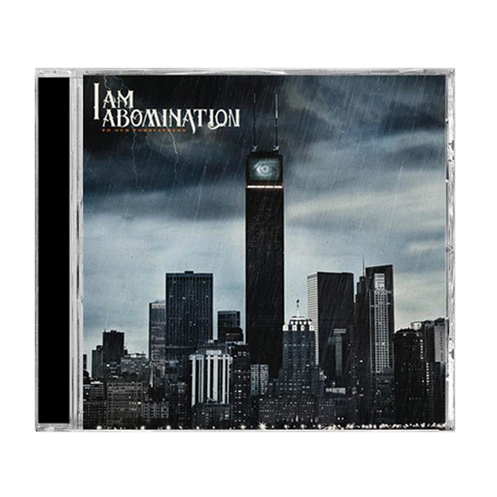 A CD cover for I Am Abomination features a dark, rain-soaked city skyline with an eerie eye near the top of the tallest building. The brand name "I Am Abomination" and the album title "Invisible Titans" are displayed in white at the top left.