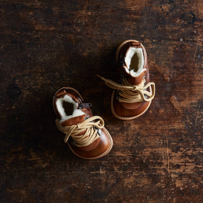 Toddler Wool Lined Waterproof Lace Up Leather Boots w/ Zip - Cognac