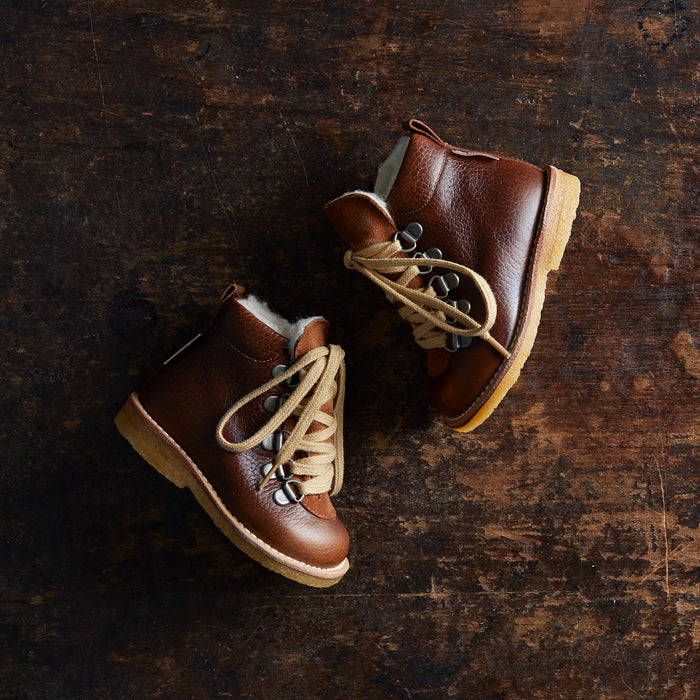 Toddler Wool Lined Waterproof Lace Up Leather Boots w/ Zip - Cognac