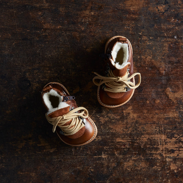 Toddler Wool Lined Waterproof Lace Up Leather Boots w/ Zip - Cognac