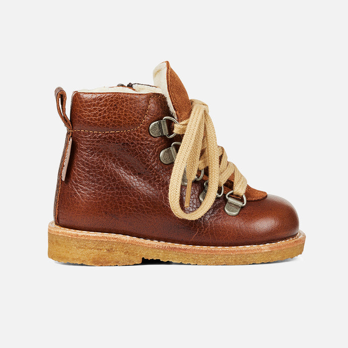 Toddler Wool Lined Waterproof Lace Up Leather Boots w/ Zip - Cognac