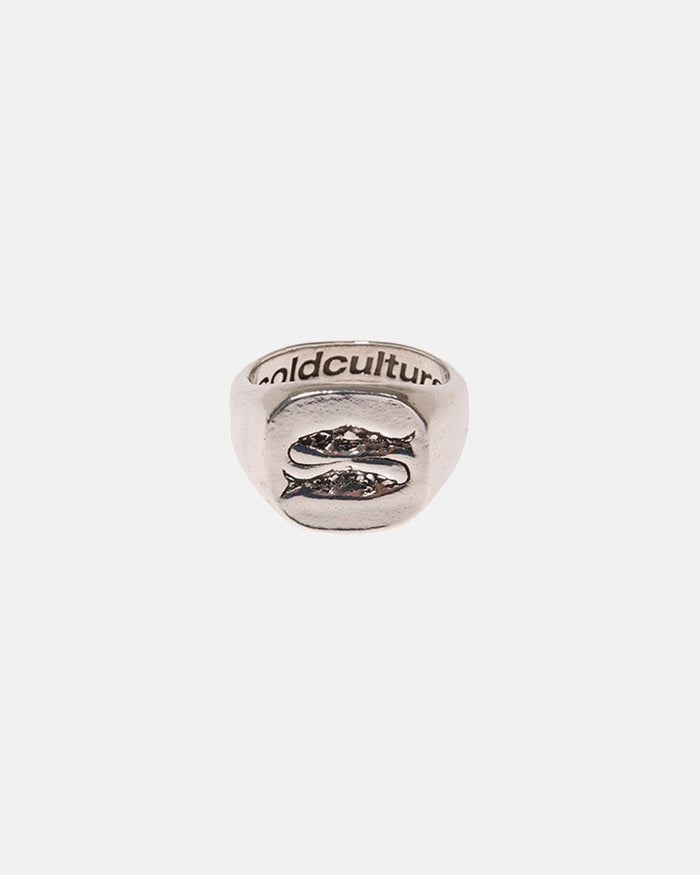 TWO FISH RING - silver engraved signet ring, front view - Cold Culture