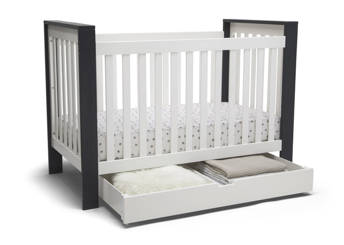 Delta Children Bianca White (130) Under Crib Roll-Out Storage, Right Crib Silo View