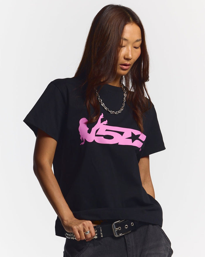 V5C TEE BLACK - black graphic print tee, front view on female model - Cold Culture #woman