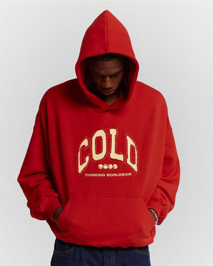 VARSITY HOODIE ASTORATH RED - red varsity hoodie, front view on male model - Cold Culture #man