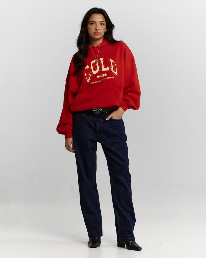VARSITY HOODIE ASTORATH RED - red varsity hoodie, front view on female model - Cold Culture #woman