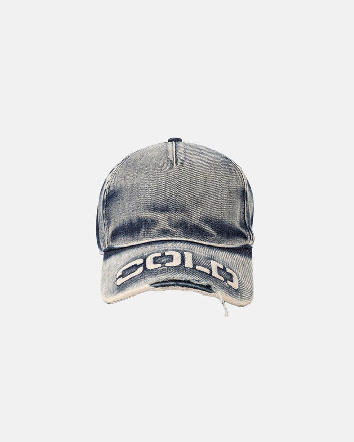 WASHED PROGRESS LOGO CAP HEAVY BLUE - washed blue denim cap, front view - Cold Culture