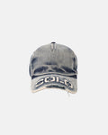 WASHED PROGRESS LOGO CAP HEAVY BLUE - washed blue denim cap, front view - Cold Culture