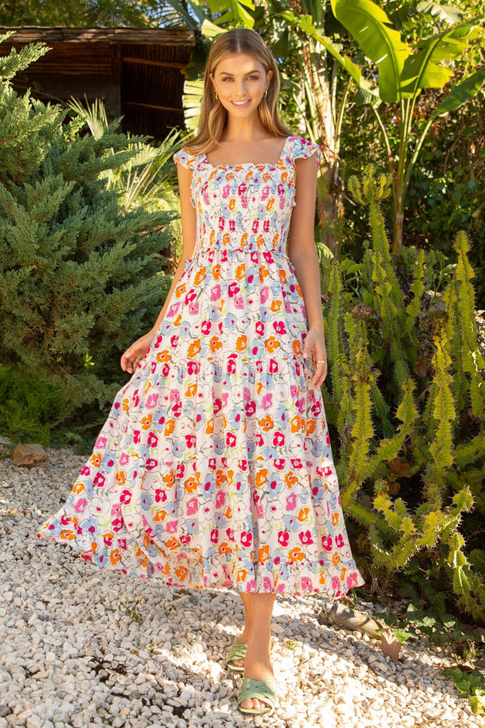 white floral smocked midi dress