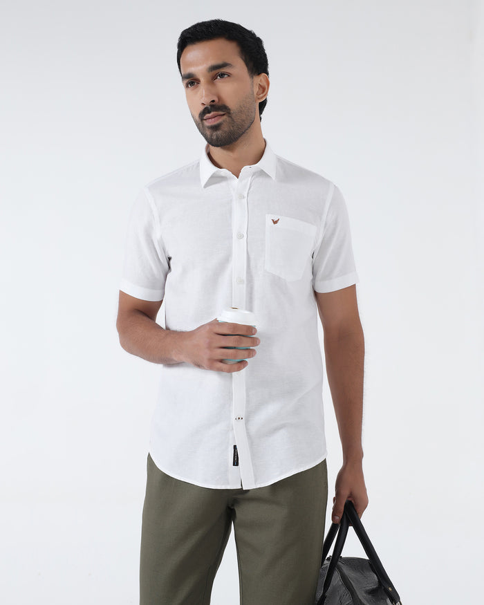White Half Sleeve Linen Solid Shirt - Cleo