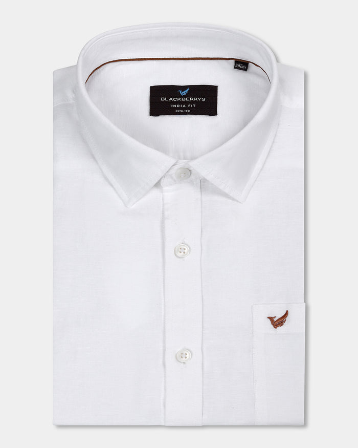White Half Sleeve Linen Solid Shirt - Cleo