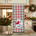 Winterberry Cardinal Patch Tea Towel in a square Christmas kitchen setting