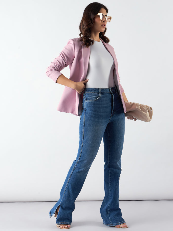 Women Baby Pink Notched Lapel Single-Breasted Formal Blazer