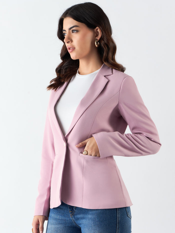 Women Baby Pink Notched Lapel Single-Breasted Formal Blazer