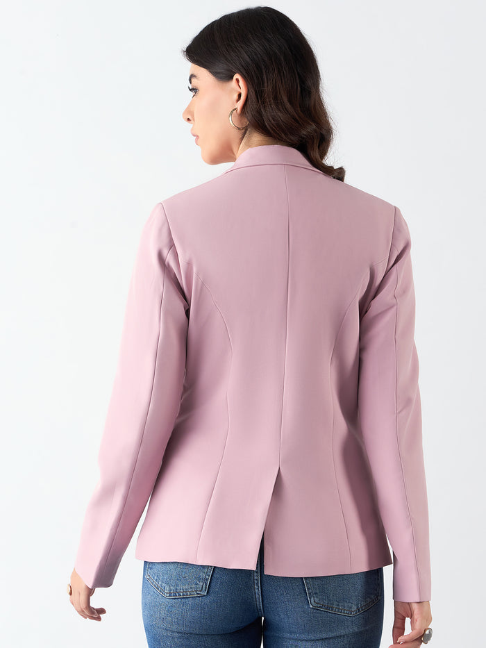 Women Baby Pink Notched Lapel Single-Breasted Formal Blazer