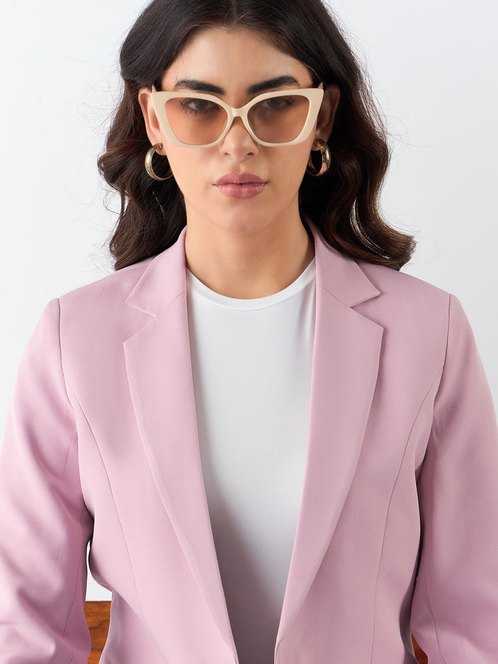 Women Baby Pink Notched Lapel Single-Breasted Formal Blazer
