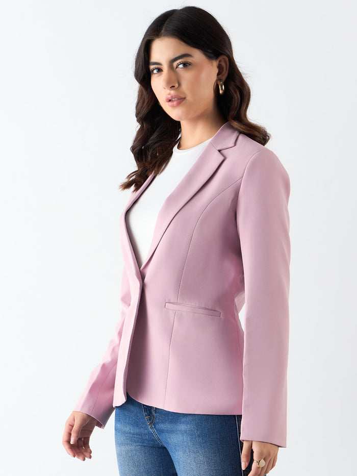 Women Baby Pink Notched Lapel Single-Breasted Formal Blazer