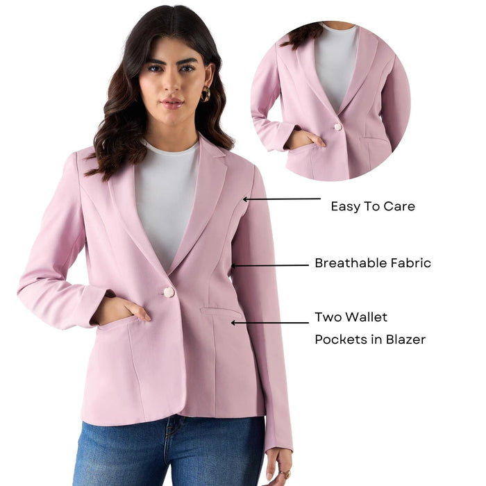 Women Baby Pink Notched Lapel Single-Breasted Formal Blazer