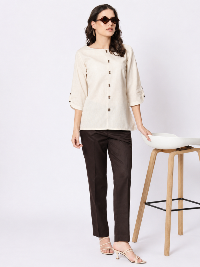 Women Beige Boat Neck Top