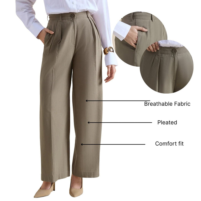 Women Beige Green High Rise Loose-Fit Formal Trouser