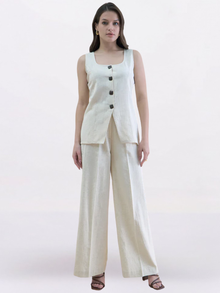 Women Beige U-Neck Linen Blend Tailored Waistcoat with Straight Fit Co-Ord set