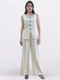 Women Beige U-Neck Linen Blend Tailored Waistcoat with Straight Fit Co-Ord set