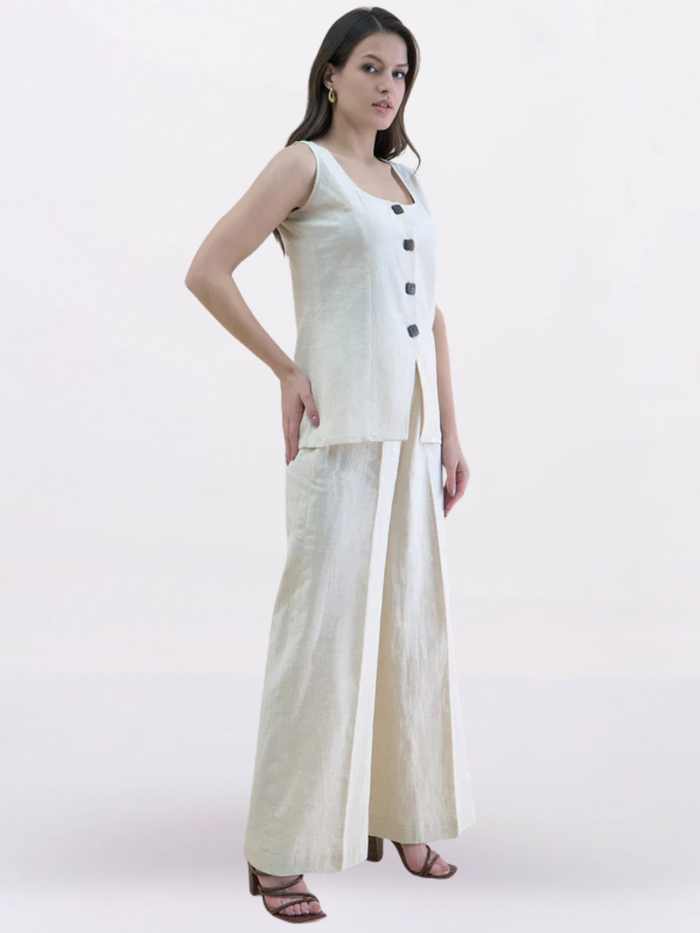 Women Beige U-Neck Linen Blend Tailored Waistcoat with Straight Fit Co-Ord set