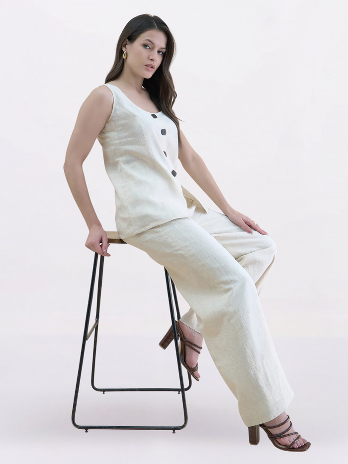 Women Beige U-Neck Linen Blend Tailored Waistcoat with Straight Fit Co-Ord set