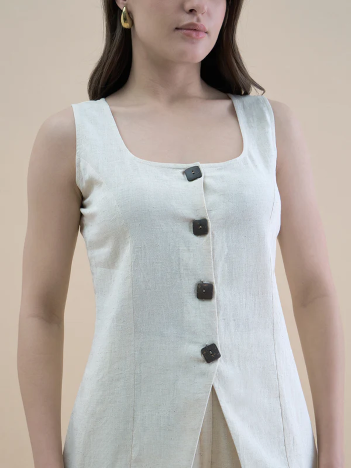 Women Beige U-Neck Linen Blend Tailored Waistcoat with Straight Fit Co-Ord set