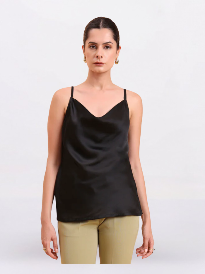 Women Black Cowl Neck Satin Tank Top