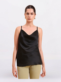 Women Black Cowl Neck Satin Tank Top