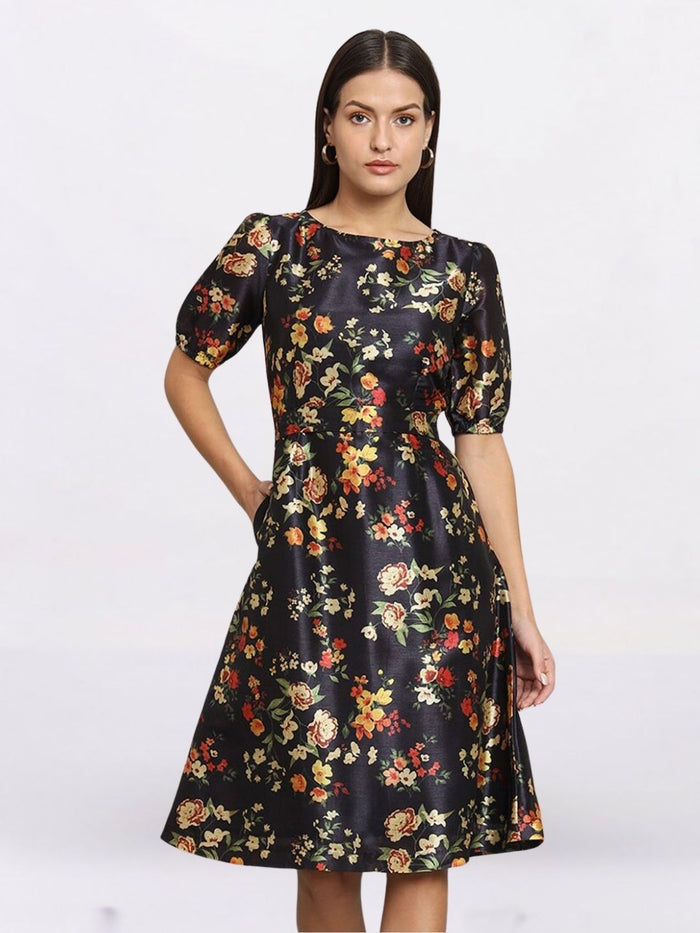 Women Black Floral Printed Fit & Flare Dress