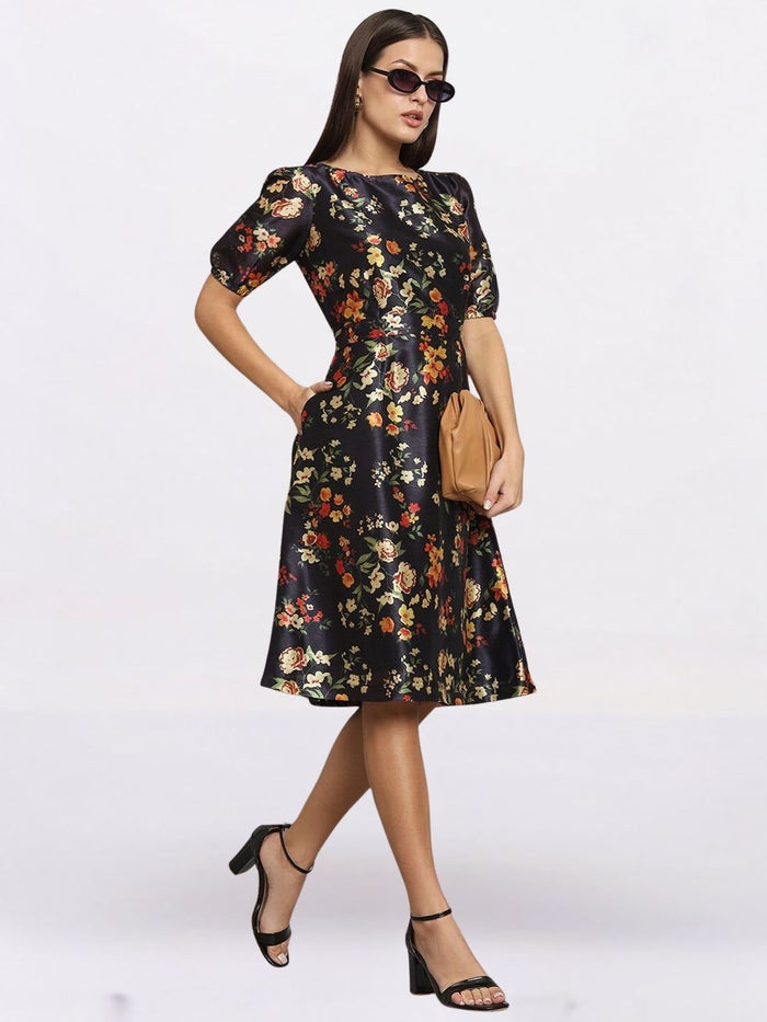 Women Black Floral Printed Fit & Flare Dress