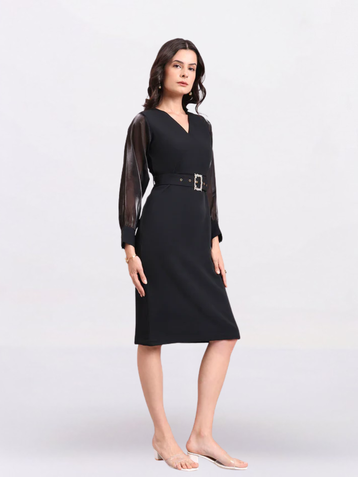 Women Black Stretch Midi Dress