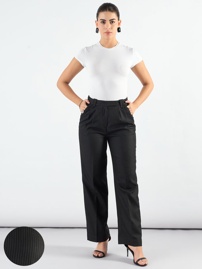 Women Black Striped High-Rise Pleated Trousers