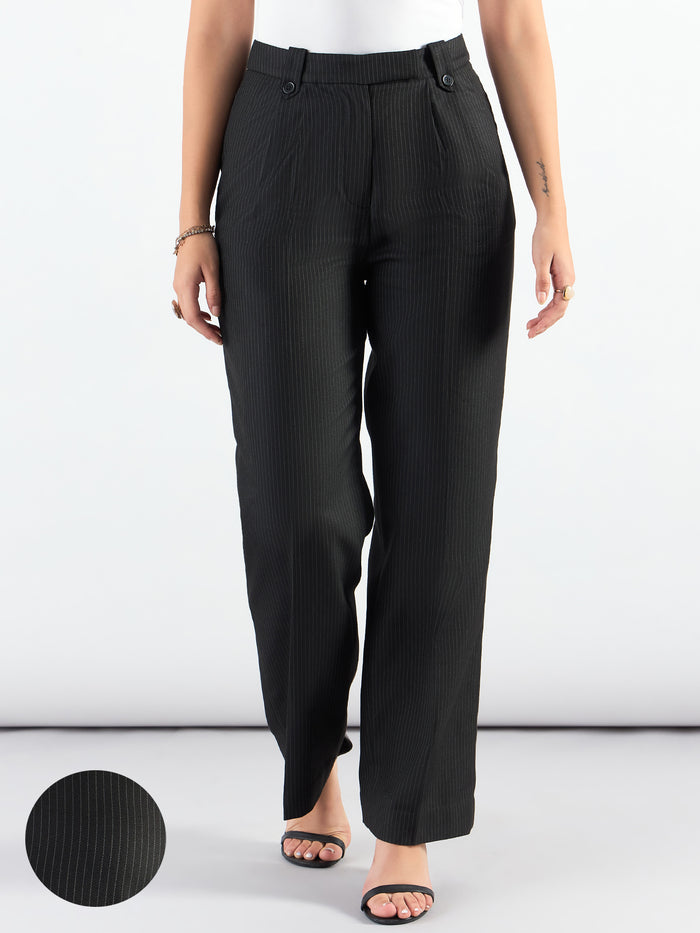 Women Black Striped High-Rise Pleated Trousers
