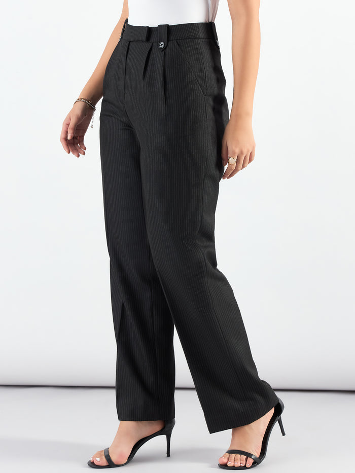 Women Black Striped High-Rise Pleated Trousers