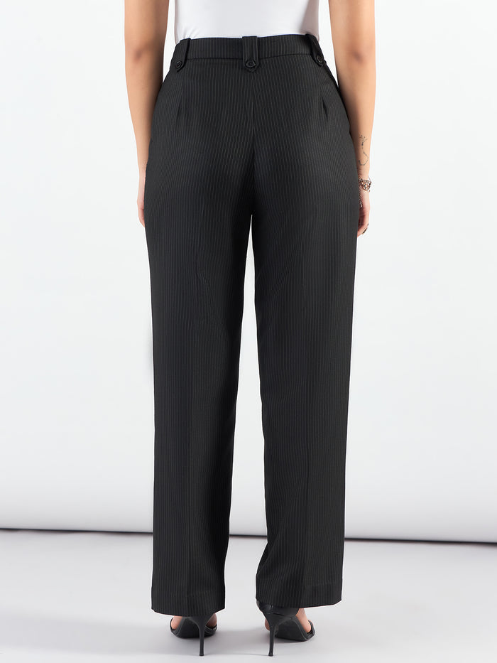 Women Black Striped High-Rise Pleated Trousers
