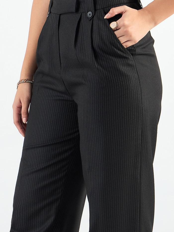 Women Black Striped High-Rise Pleated Trousers