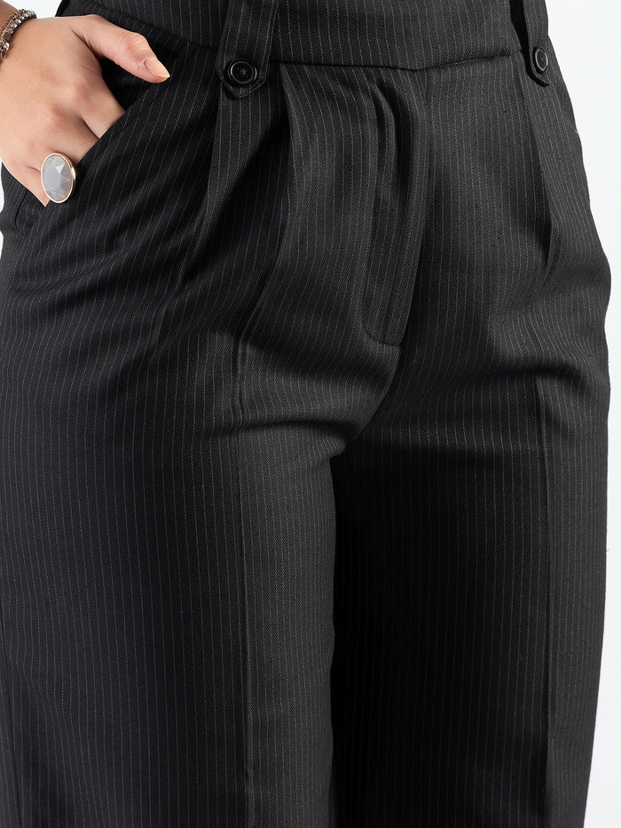 Women Black Striped High-Rise Pleated Trousers