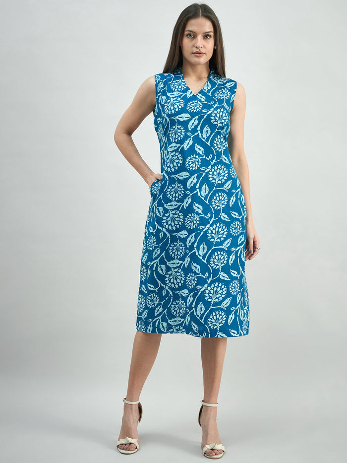 Women Blue Ethnic Motifs Printed Cotton A-Line Dress